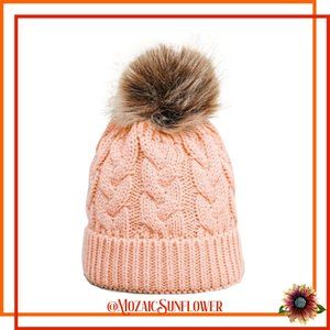 Toddler Pink Salmon Hand Cable Knit Hat Faux Fur Pom Accent NWT